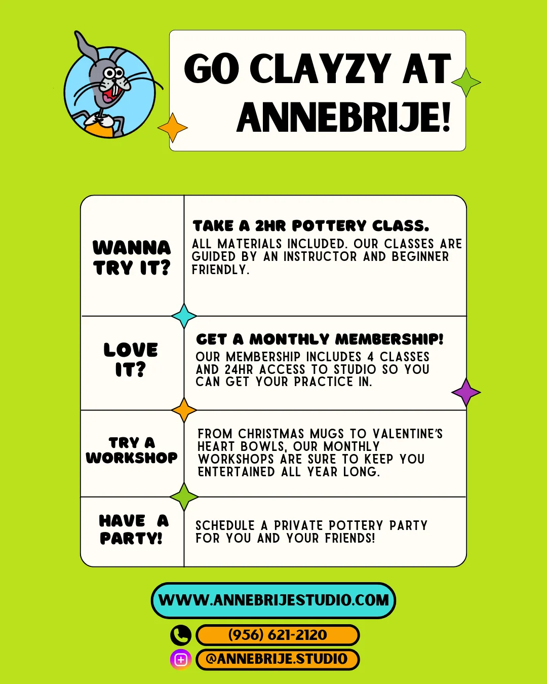 The types of classes offered at Annebrije Pottery Studio