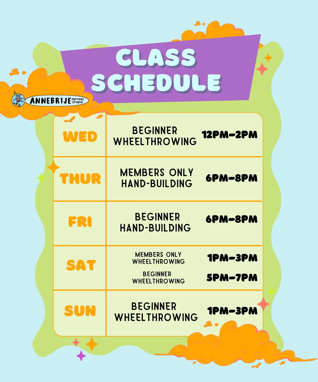 Annebrije Pottery Studio class schedule