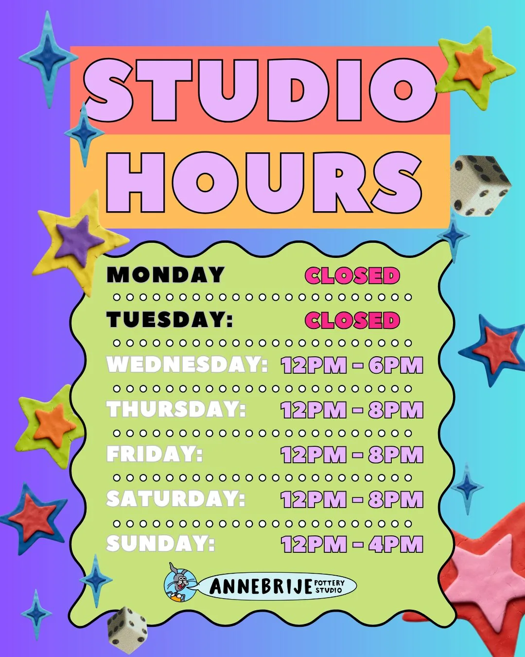 Studio hours at Annebrije Pottery Studio, Brownsville TX